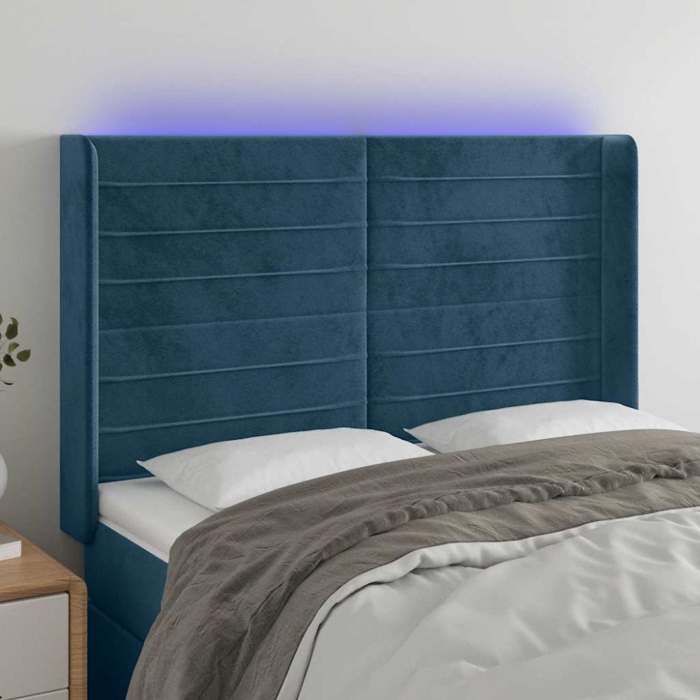 vidaXL Sänggavel LED blå 147x16x118/128 cm sammet