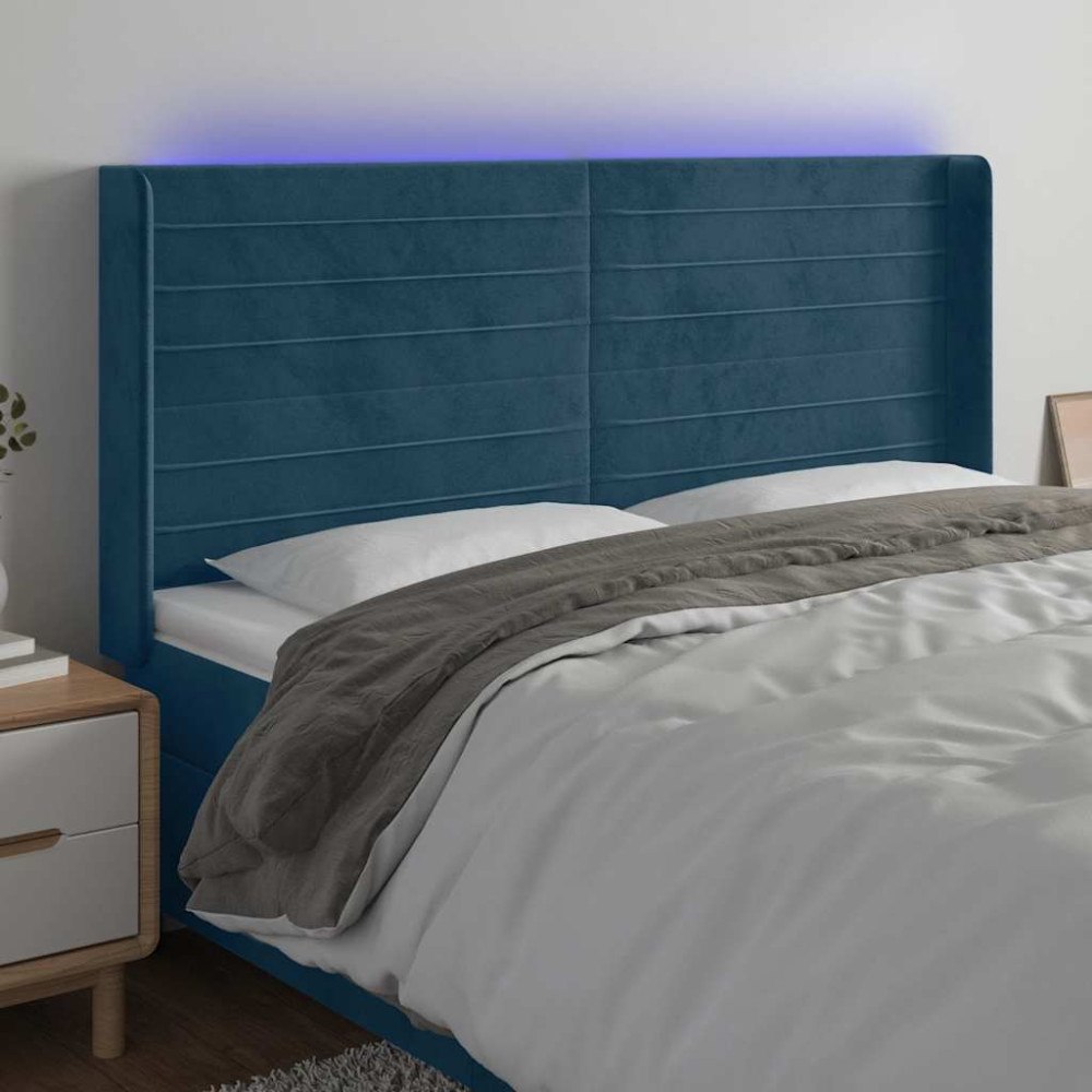 vidaXL Sänggavel LED blå 163x16x118/128 cm sammet