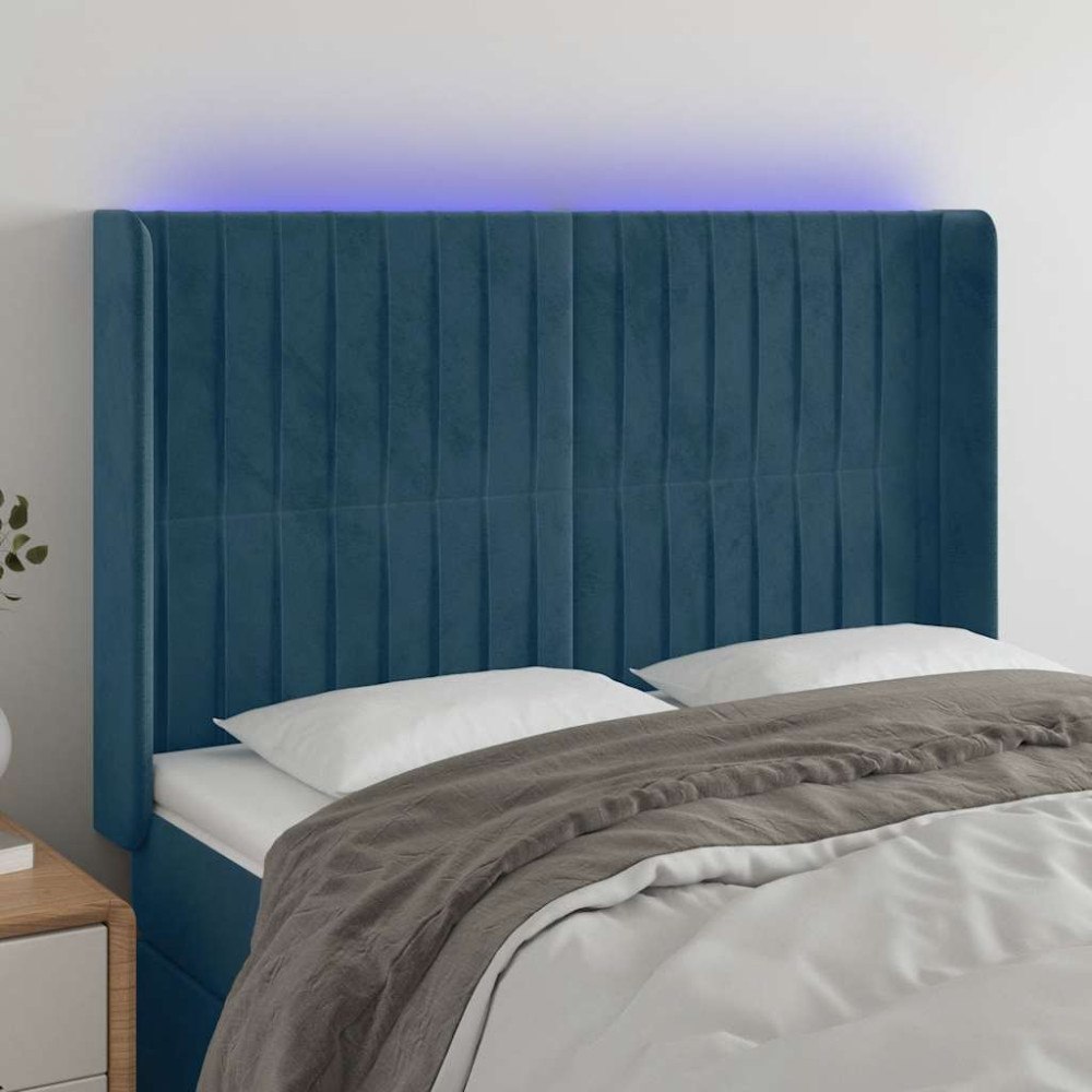 vidaXL Sänggavel LED blå 147x16x118/128 cm sammet