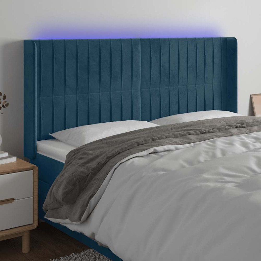 vidaXL Sänggavel LED mörkblå 183x16x118/128 cm sammet