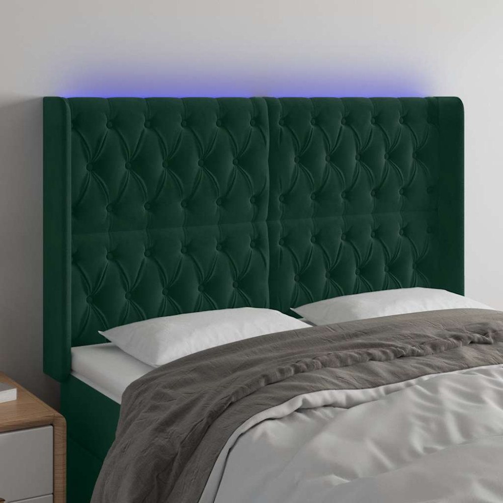 vidaXL Sänggavel LED grön 163x16x118/128 cm tsammetyg