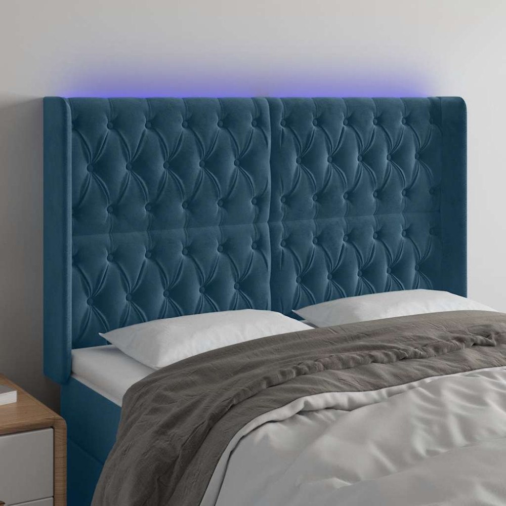 vidaXL Sänggavel LED blå 163x16x118/128 cm sammet