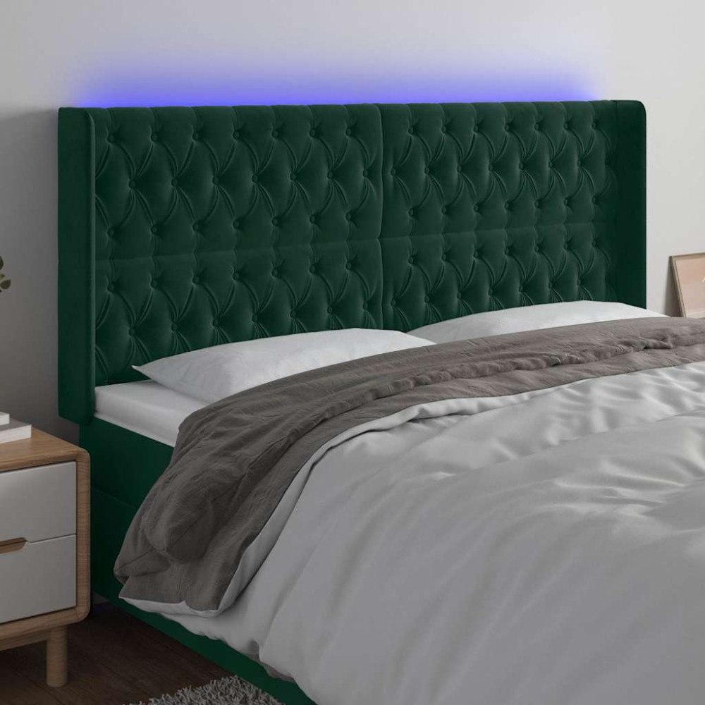 vidaXL Sänggavel LED mörkgrön 203x16x118/128 cm sammet