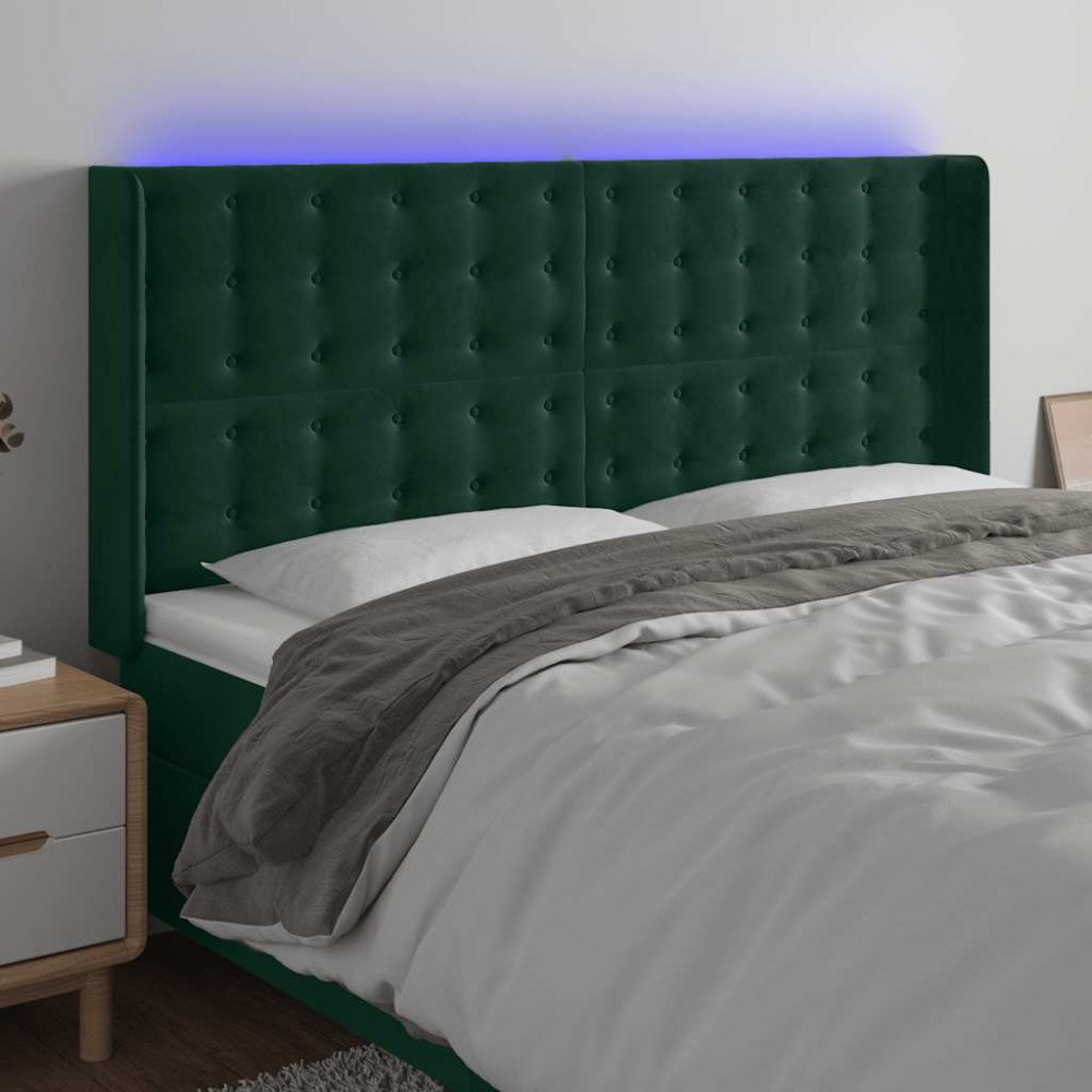 vidaXL Sänggavel LED mörkgrön 203x16x118/128 cm sammet