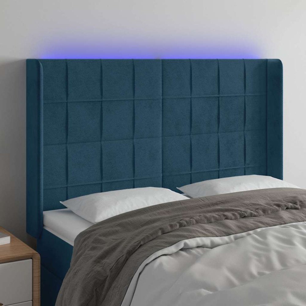 vidaXL Sänggavel LED blå 147x16x118/128 cm sammet