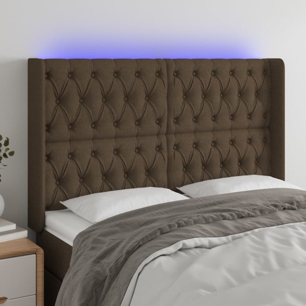vidaXL Sänggavel LED mörkbrun 163x16x118/128 cm tyg