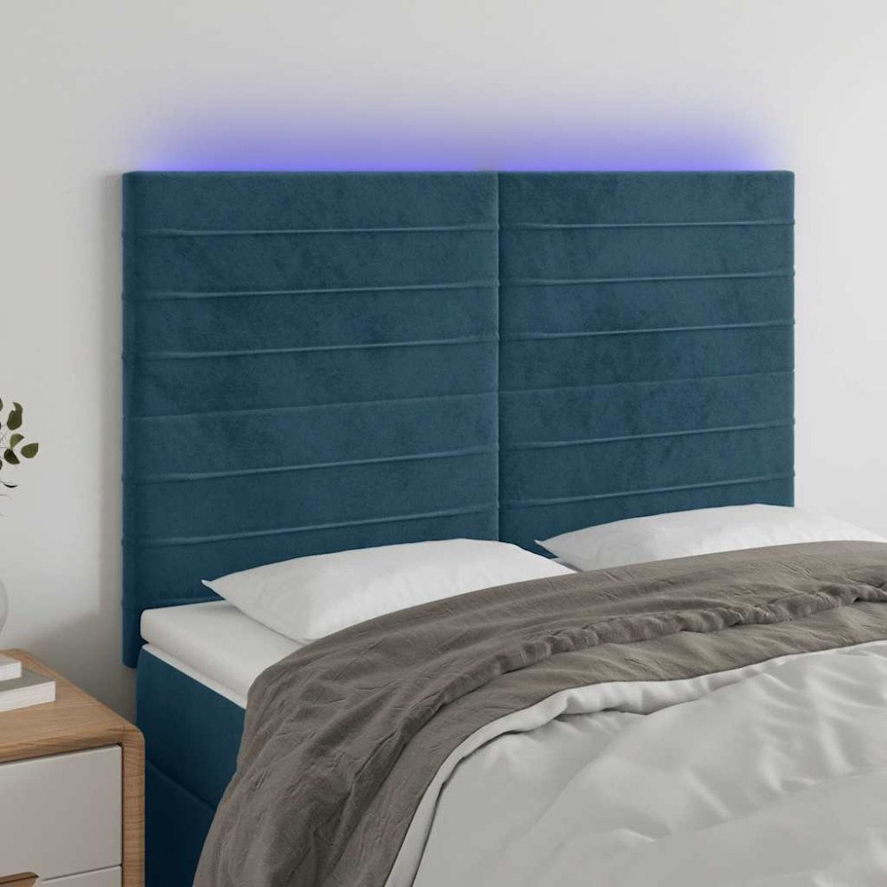 vidaXL Sänggavel LED mörkblå 144x5x118/128 cm sammet