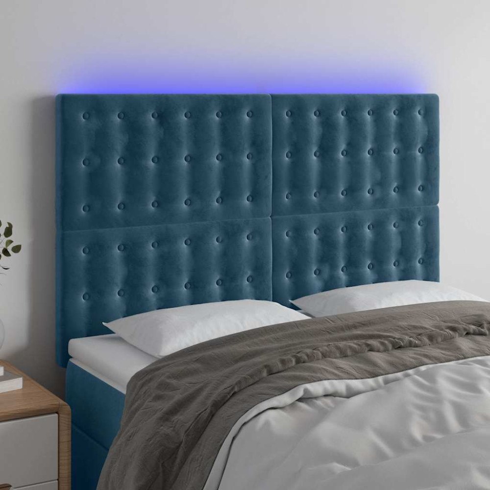 vidaXL Sänggavel LED mörkblå 144x5x118/128 cm sammet