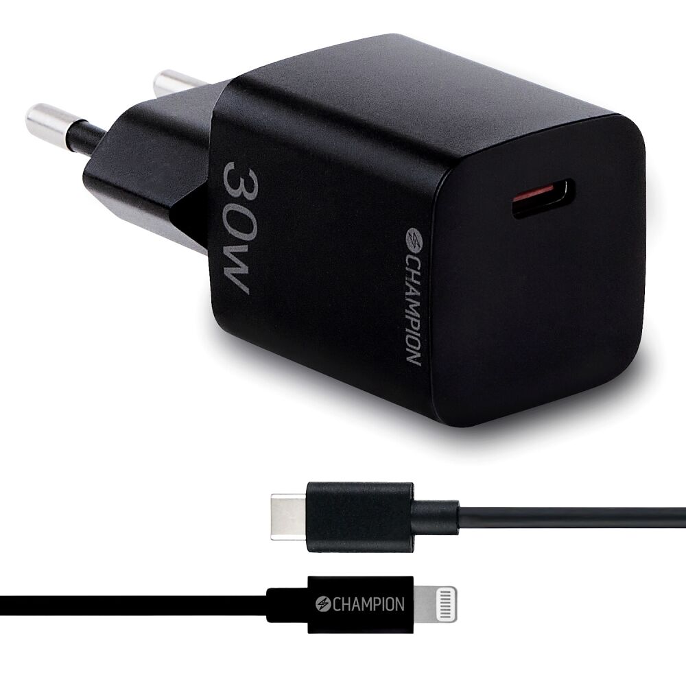 Champion Laddare 30W + USB-C till Lightning Kabel Svart