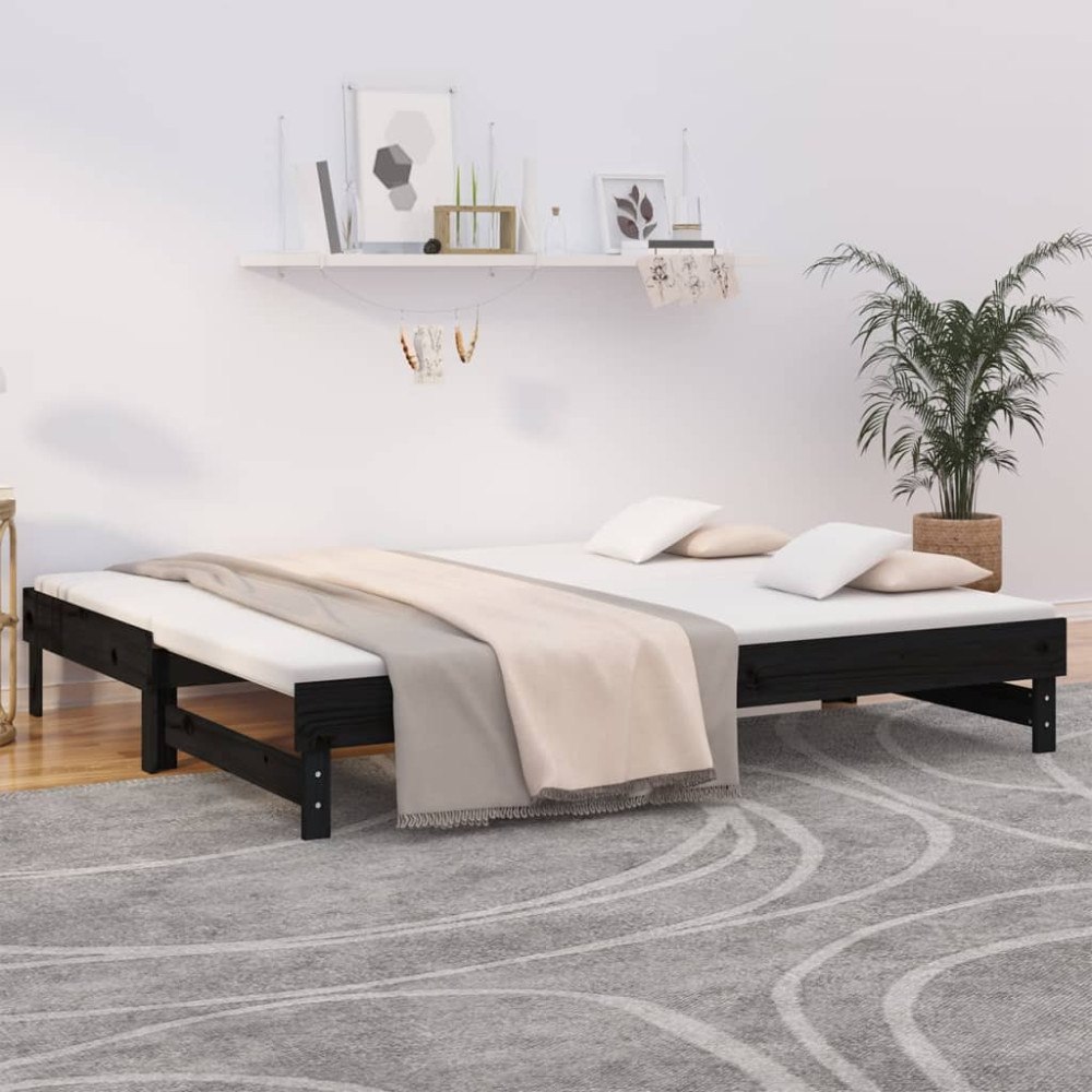 vidaXL Utdragbar dagbädd svart 2x(90x200) cm massiv furu