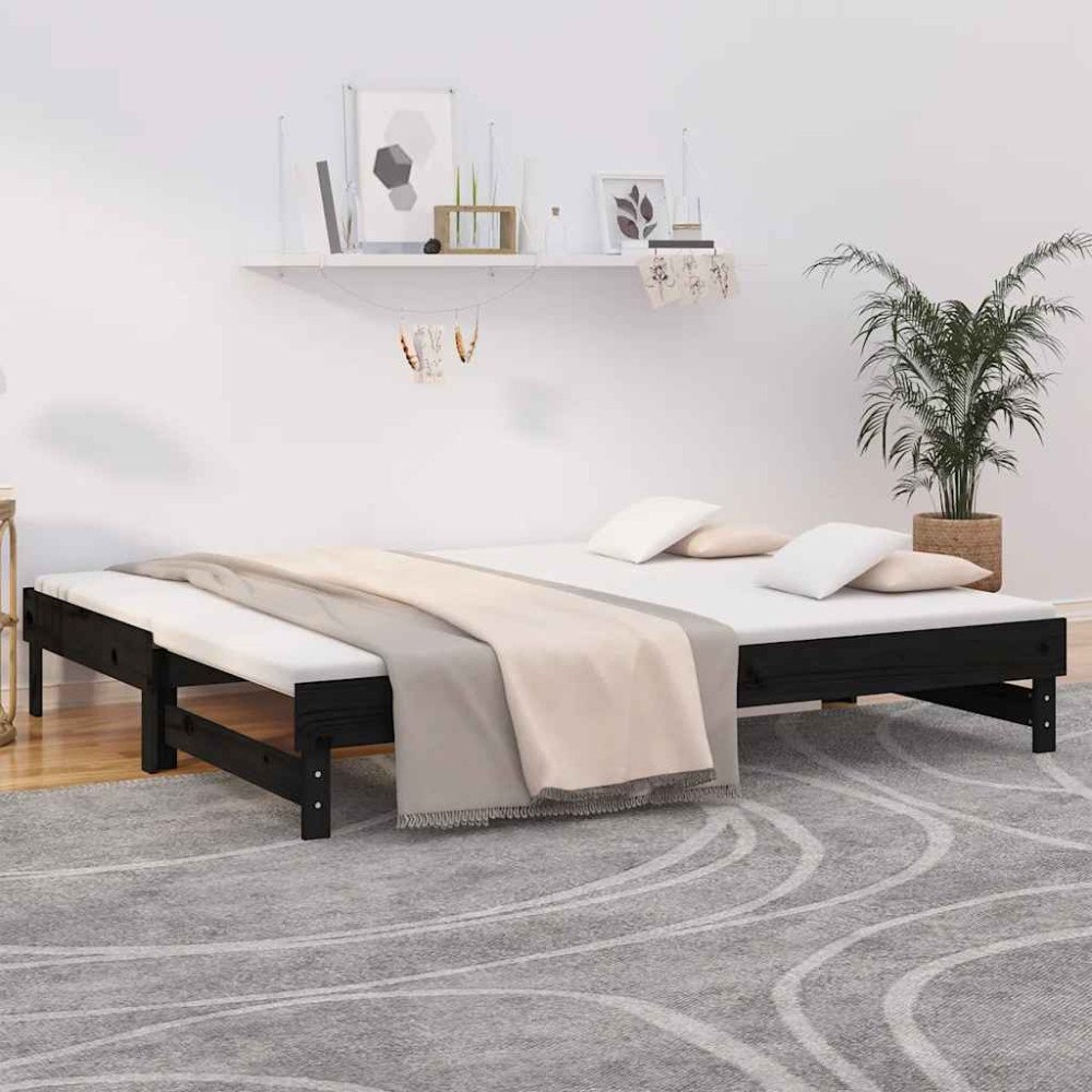 vidaXL Utdragbar dagbädd svart 2x(80x200) cm massiv furu
