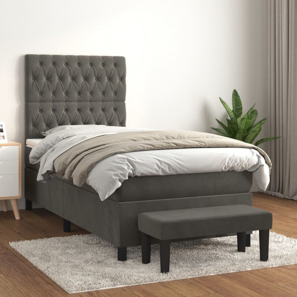 vidaXL Ramsäng med madrass mörkgrå 90x190 cm sammet