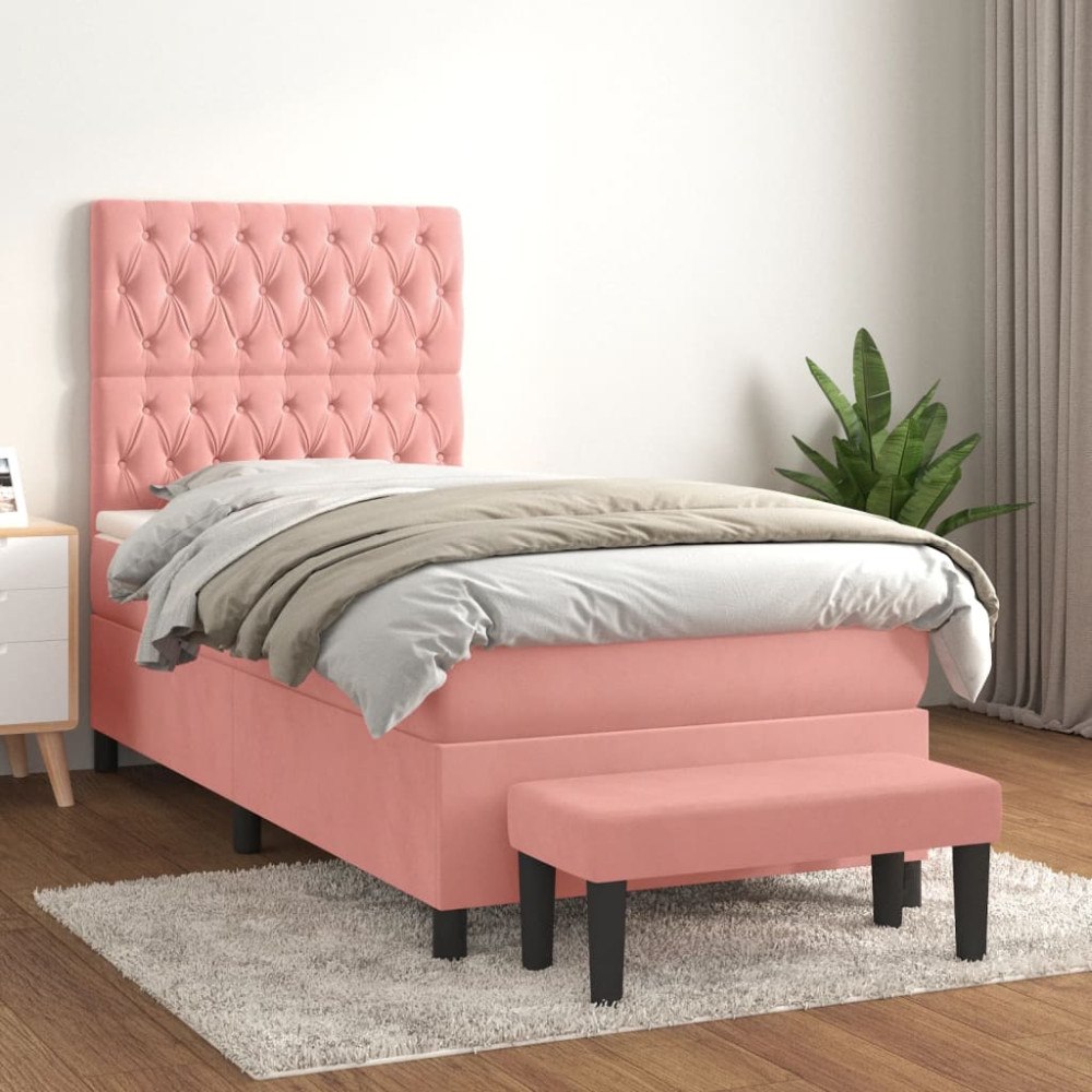 vidaXL Ramsäng med madrass rosa 90x190 cm sammet