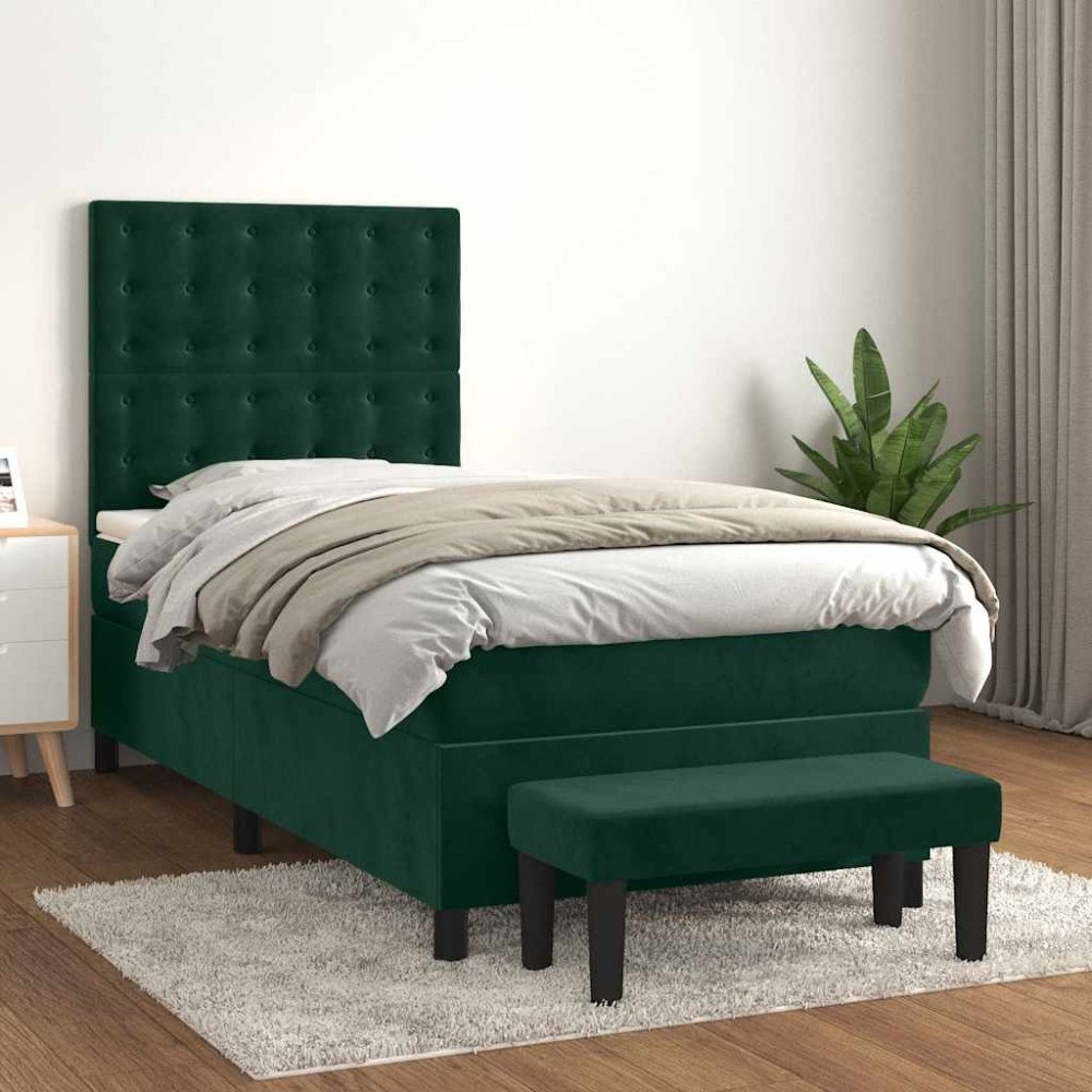 vidaXL Ramsäng med madrass mörkgrön 90x190 cm sammet