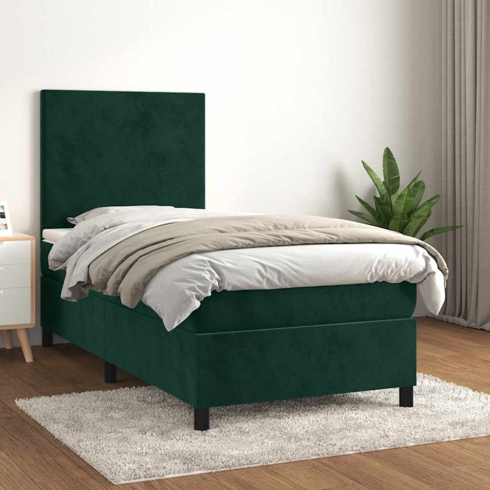 vidaXL Ramsäng med madrass mörkgrön 90x190 cm sammet