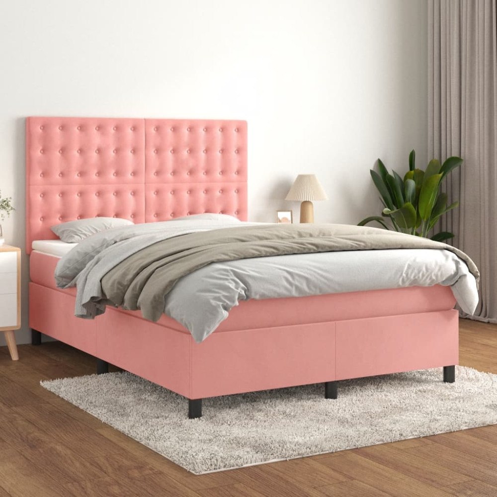 vidaXL Ramsäng med madrass rosa 140x200 cm sammet