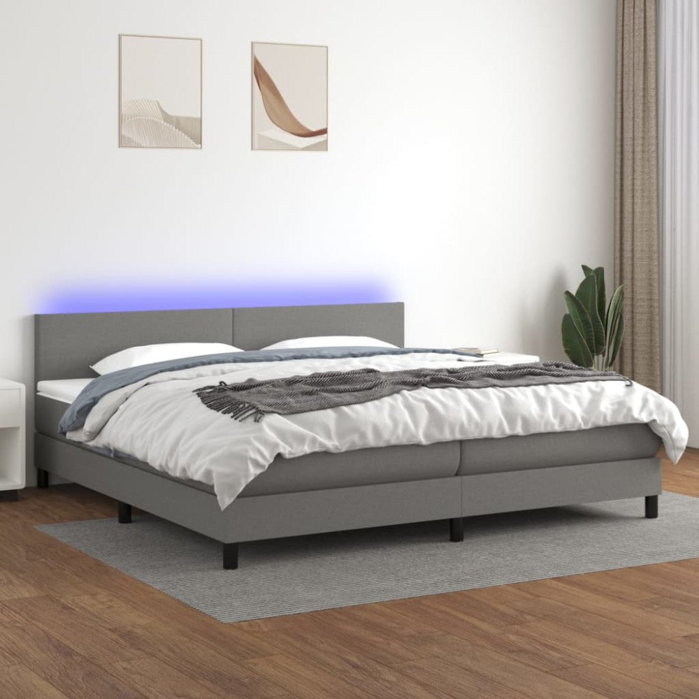 vidaXL Ramsäng med madrass & LED mörkgrå 200x200 cm tyg