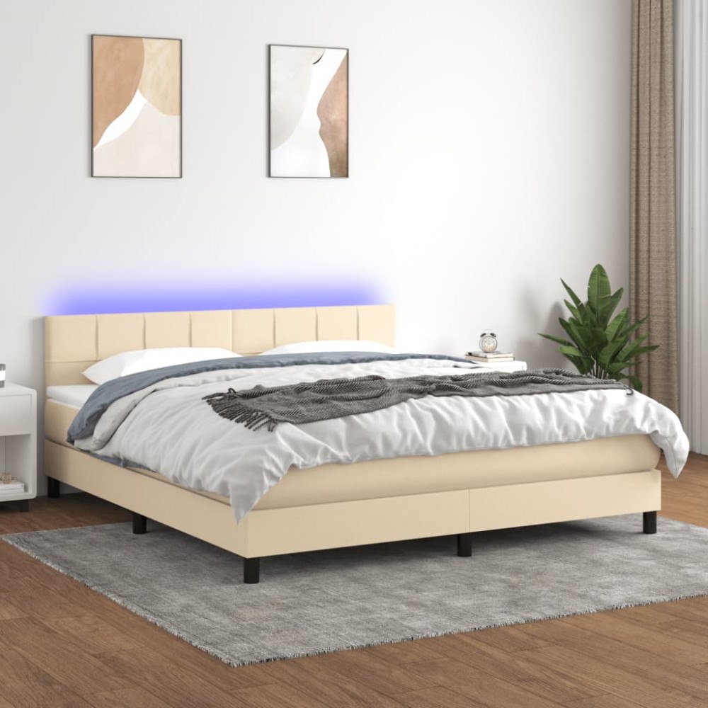 vidaXL Ramsäng med madrass & LED gräddvit 160x200 cm tyg