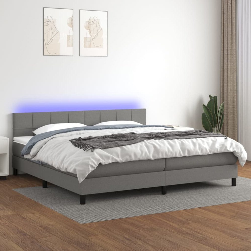 vidaXL Ramsäng med madrass & LED mörkgrå 200x200 cm tyg
