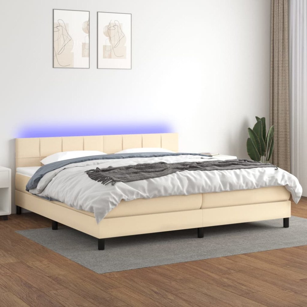 vidaXL Ramsäng med madrass & LED gräddvit 200x200 cm tyg
