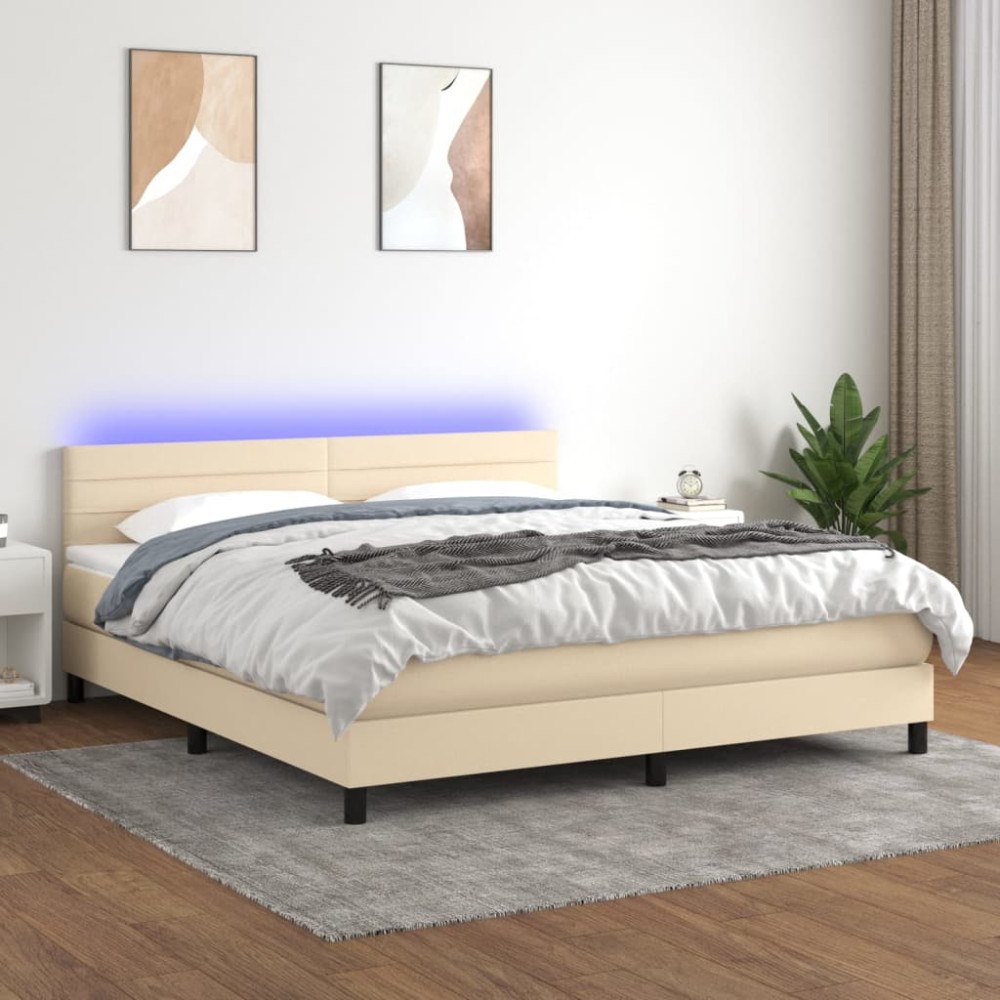 vidaXL Ramsäng med madrass & LED gräddvit 160x200 cm tyg