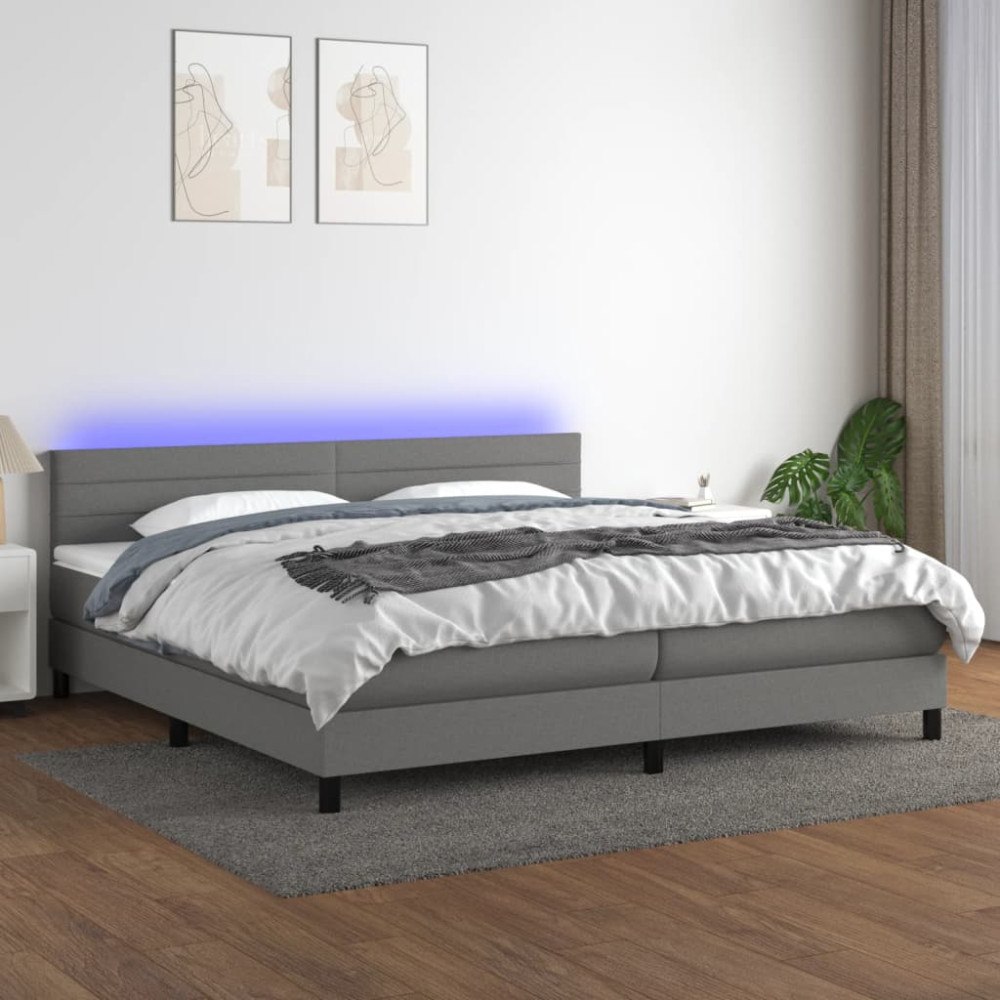 vidaXL Ramsäng med madrass & LED mörkgrå 200x200 cm tyg