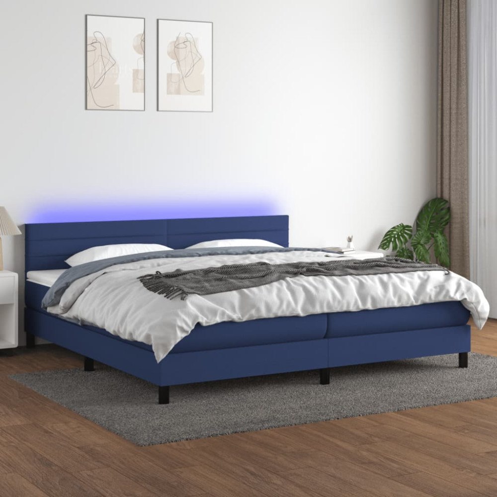 vidaXL Ramsäng med madrass & LED blå 200x200 cm tyg