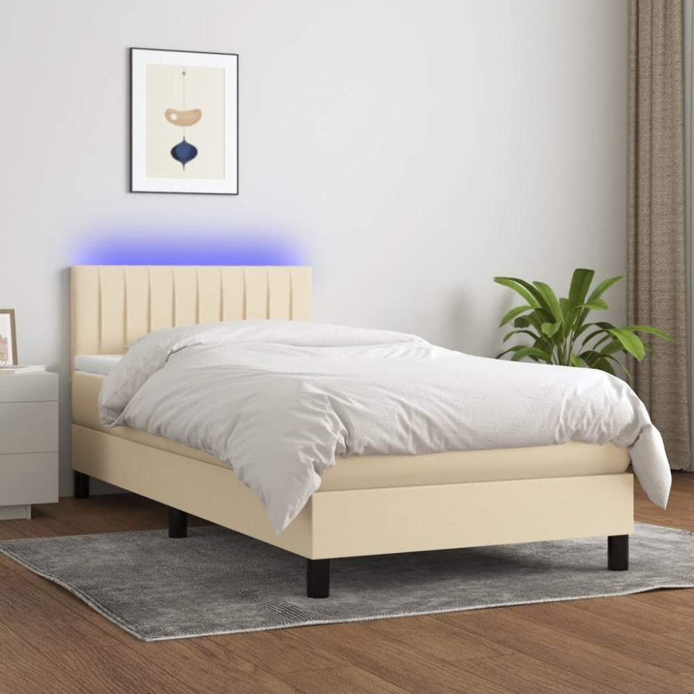 vidaXL Ramsäng med madrass & LED gräddvit 90x200 cm tyg