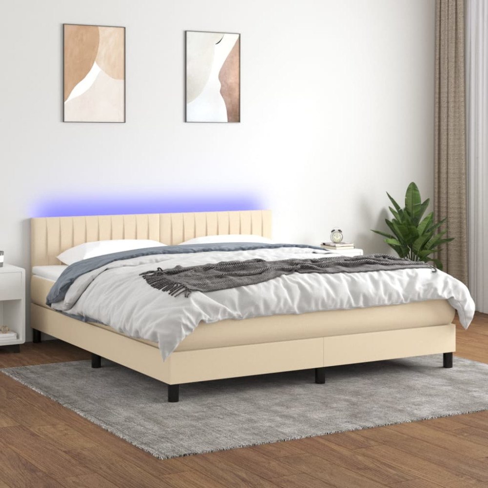 vidaXL Ramsäng med madrass & LED gräddvit 160x200 cm tyg