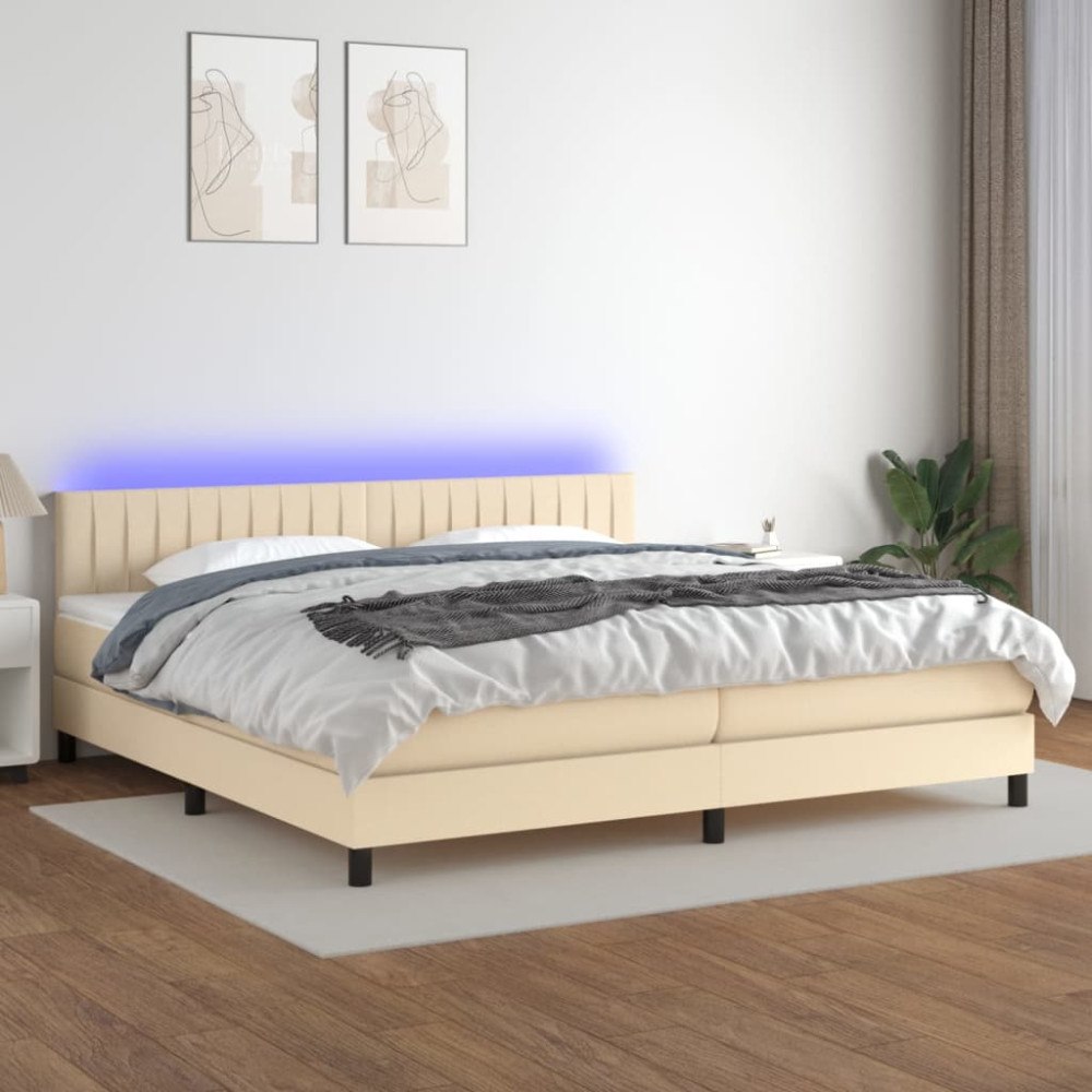 vidaXL Ramsäng med madrass & LED gräddvit 200x200 cm tyg