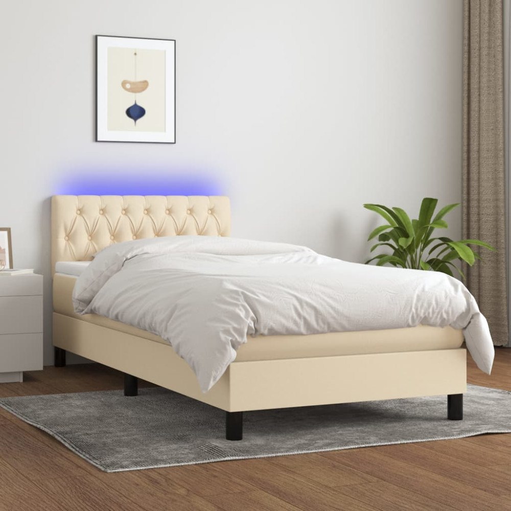 vidaXL Ramsäng med madrass & LED gräddvit 90x200 cm tyg