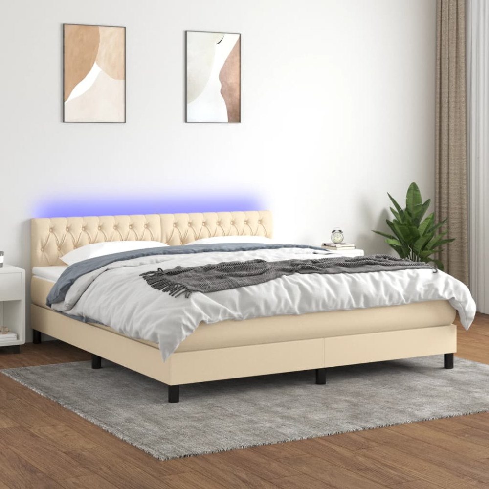 vidaXL Ramsäng med madrass & LED gräddvit 160x200 cm tyg