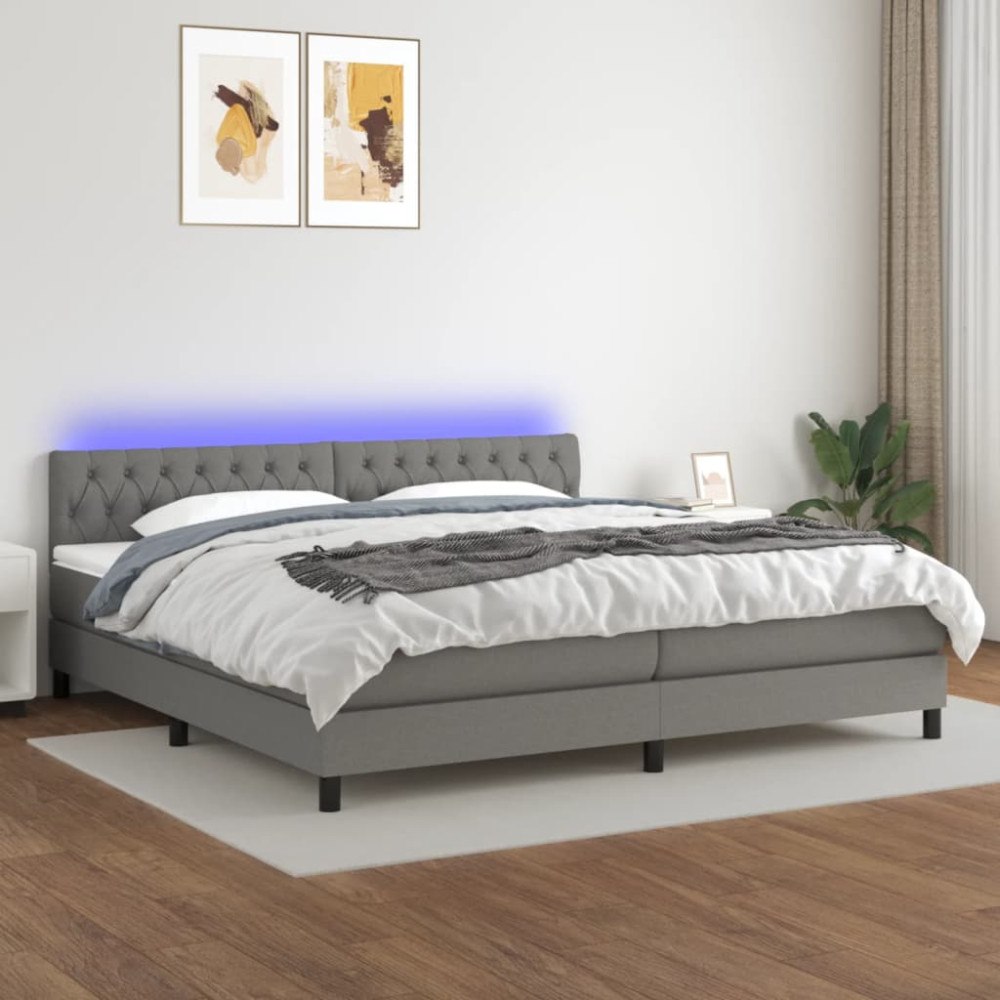 vidaXL Ramsäng med madrass & LED mörkgrå 200x200 cm tyg