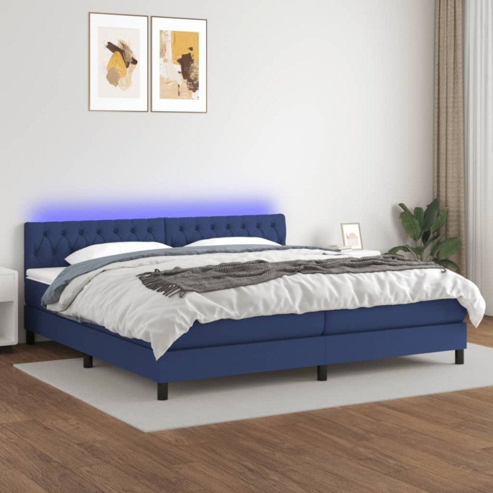 vidaXL Ramsäng med madrass & LED blå 200x200 cm tyg