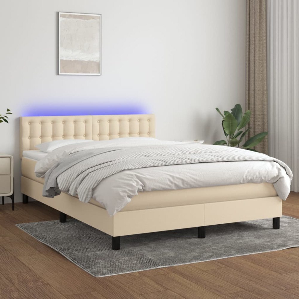 vidaXL Ramsäng med madrass & LED gräddvit 140x190 cm tyg