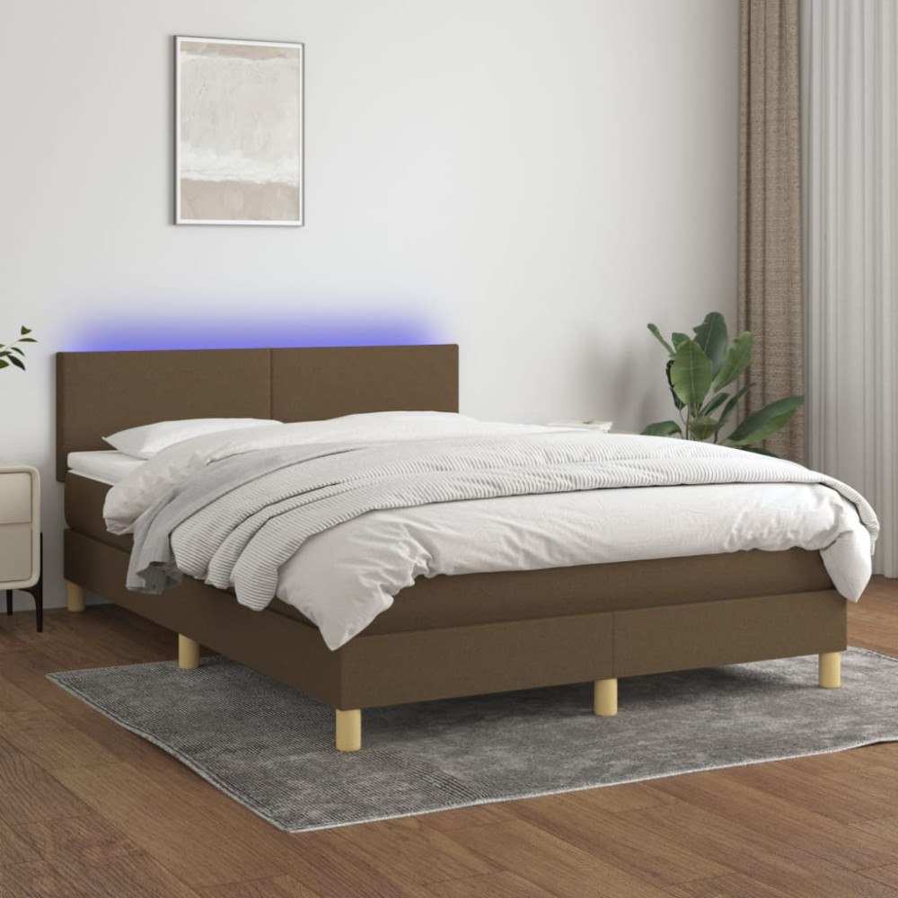 vidaXL Ramsäng med madrass & LED mörkbrun 140x190 cm tyg