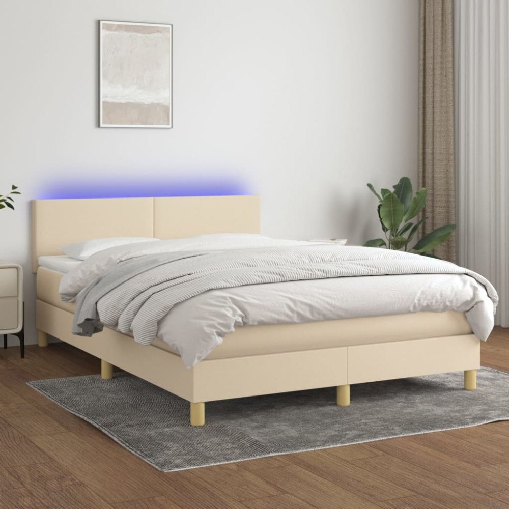 vidaXL Ramsäng med madrass & LED gräddvit 140x200 cm tyg
