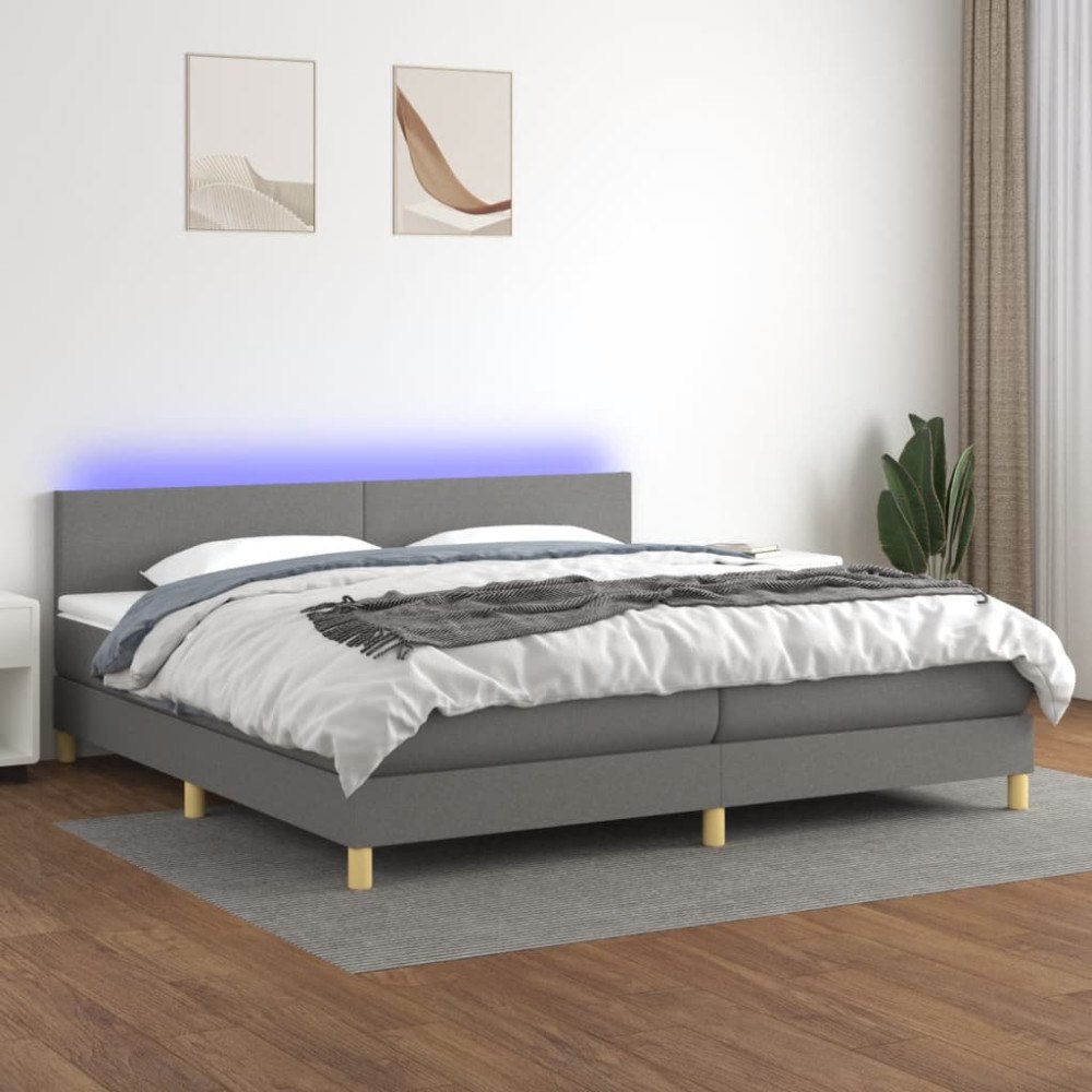 vidaXL Ramsäng med madrass & LED mörkgrå 200x200 cm tyg