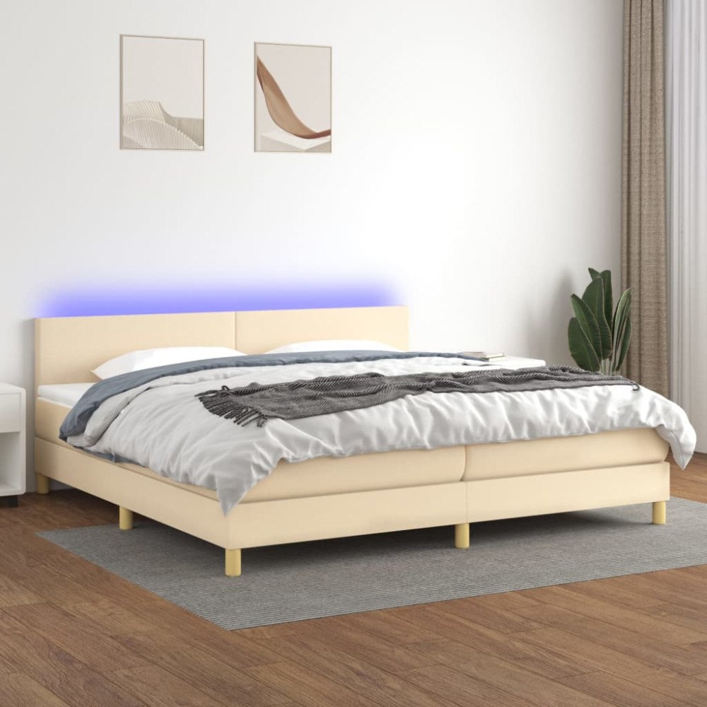 vidaXL Ramsäng med madrass & LED gräddvit 200x200 cm tyg