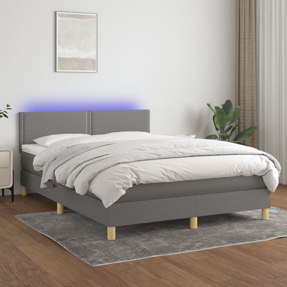 vidaXL Ramsäng med madrass & LED mörkgrå 140x200 cm tyg