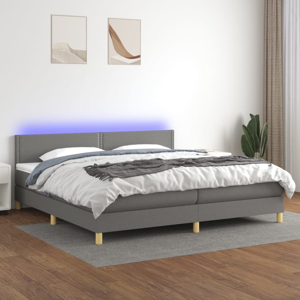 vidaXL Ramsäng med madrass & LED mörkgrå 200x200 cm tyg