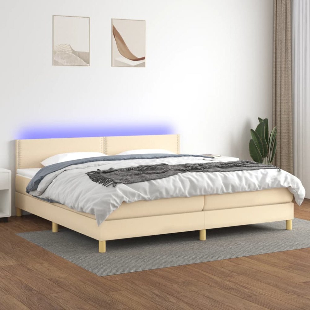 vidaXL Ramsäng med madrass & LED gräddvit 200x200 cm tyg