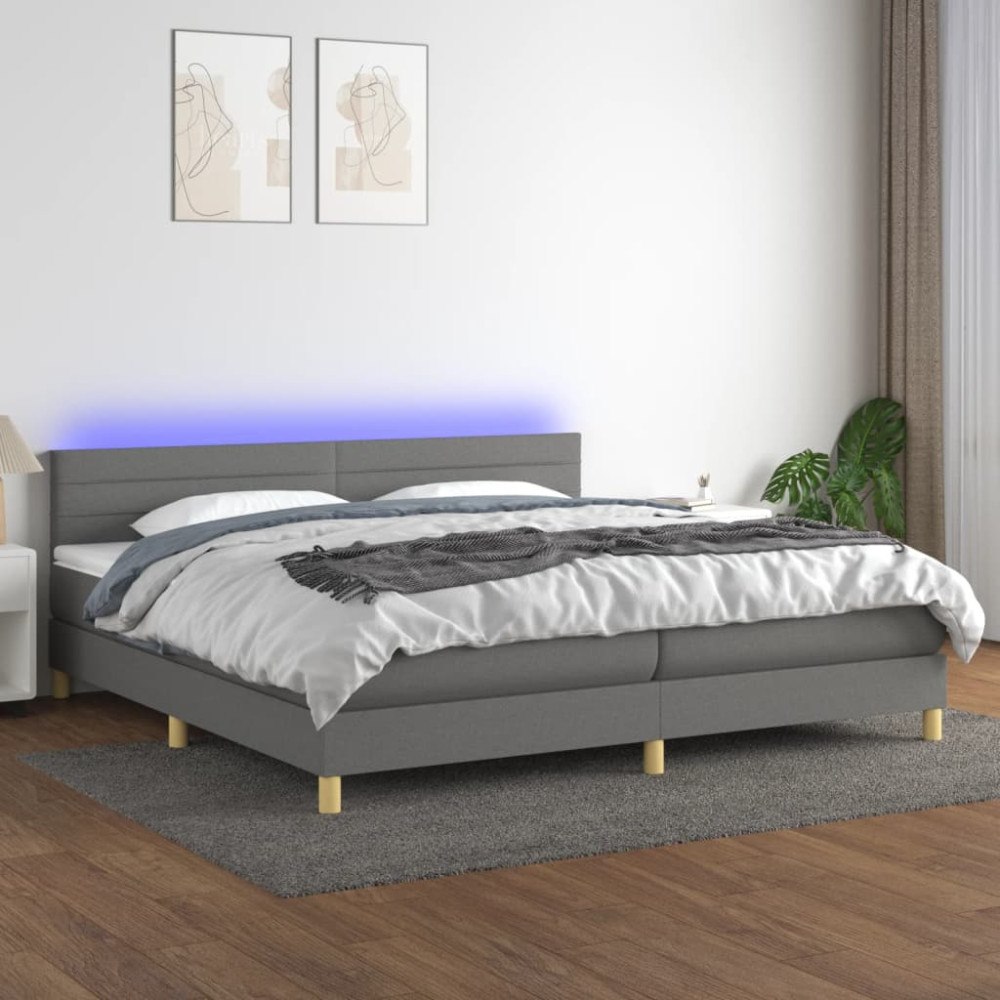 vidaXL Ramsäng med madrass & LED mörkgrå 200x200 cm tyg