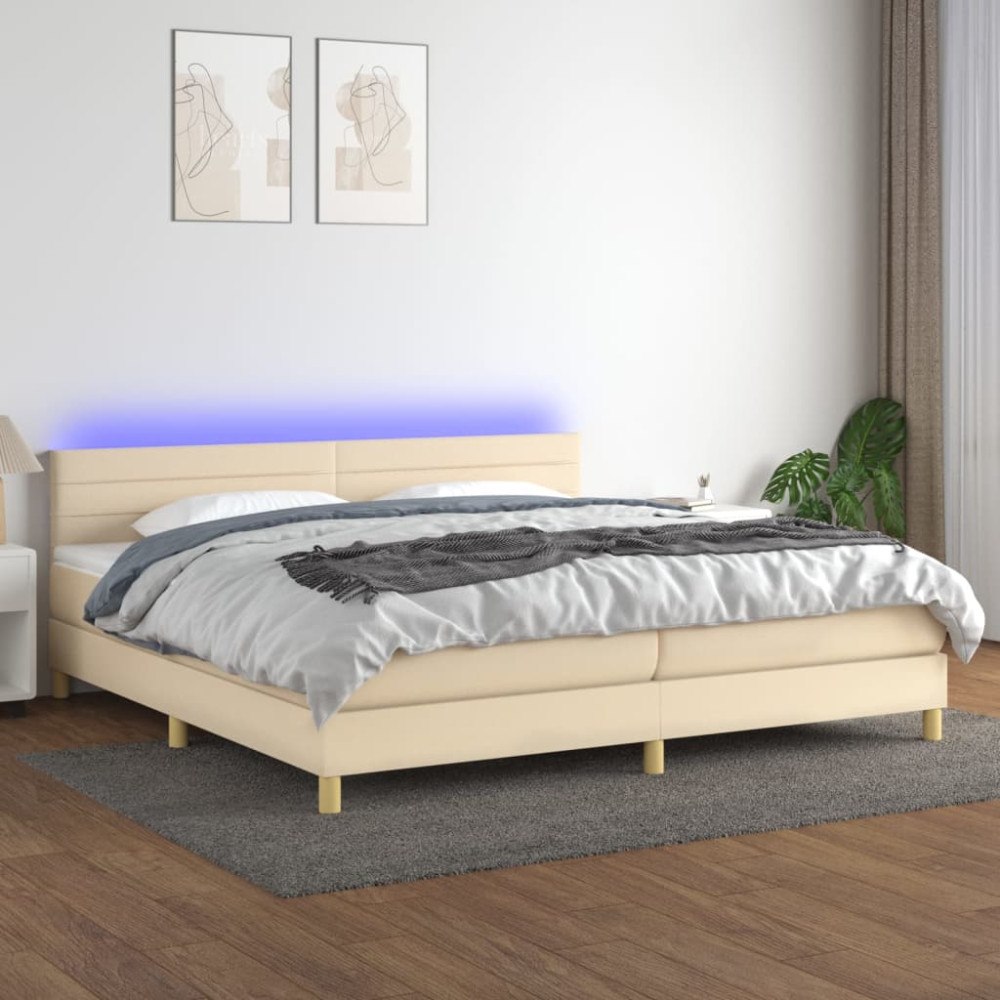 vidaXL Ramsäng med madrass & LED gräddvit 200x200 cm tyg