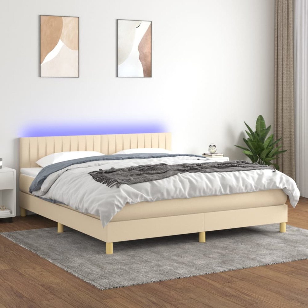vidaXL Ramsäng med madrass & LED gräddvit 160x200 cm tyg
