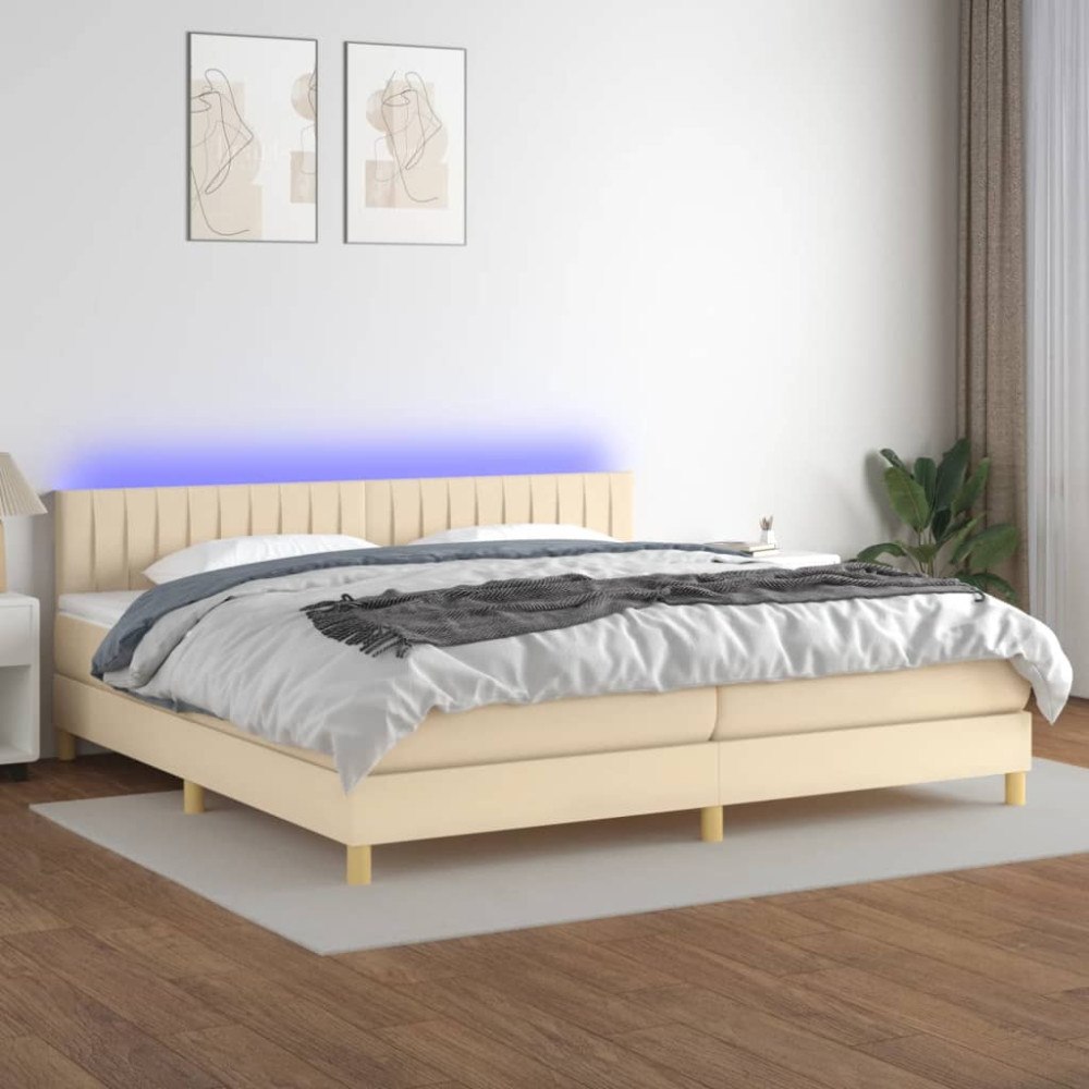 vidaXL Ramsäng med madrass & LED gräddvit 200x200 cm tyg
