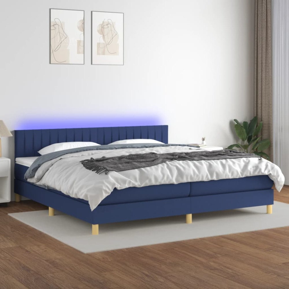 vidaXL Ramsäng med madrass & LED blå 200x200 cm tyg