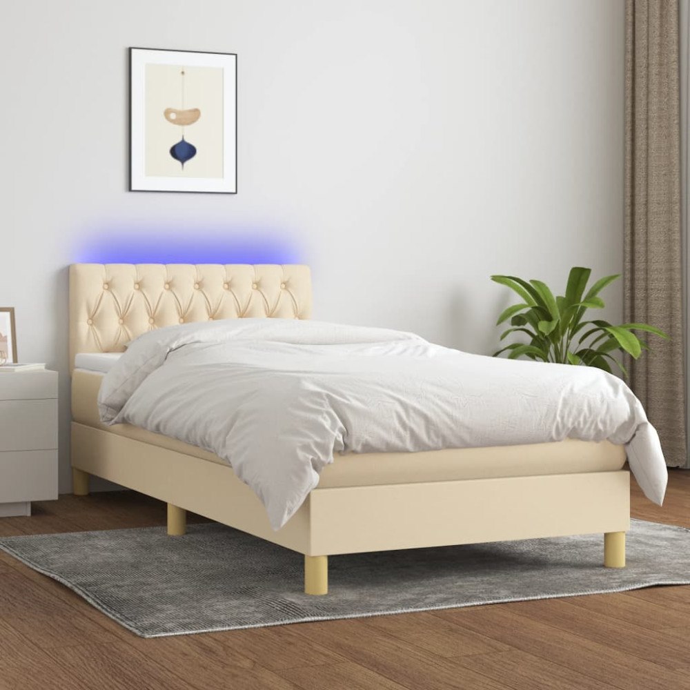 vidaXL Ramsäng med madrass & LED gräddvit 90x190 cm tyg