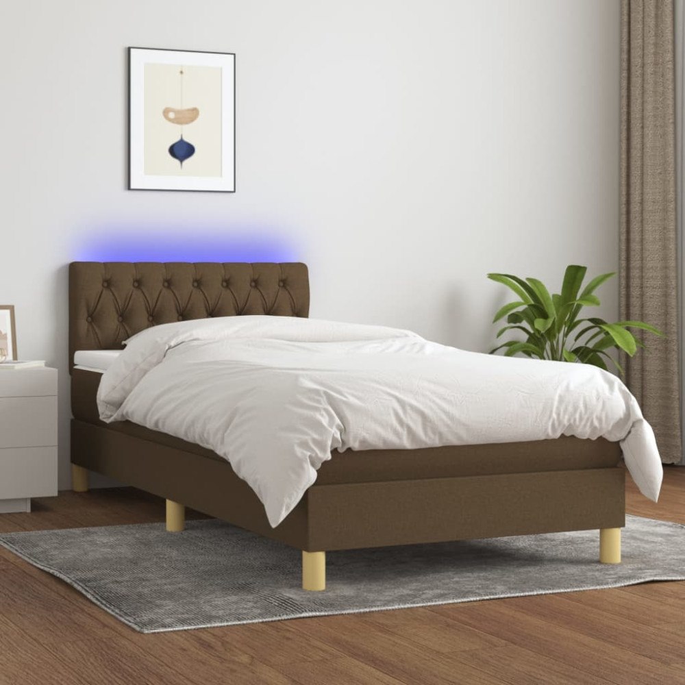 vidaXL Ramsäng med madrass & LED mörkbrun 90x200 cm tyg