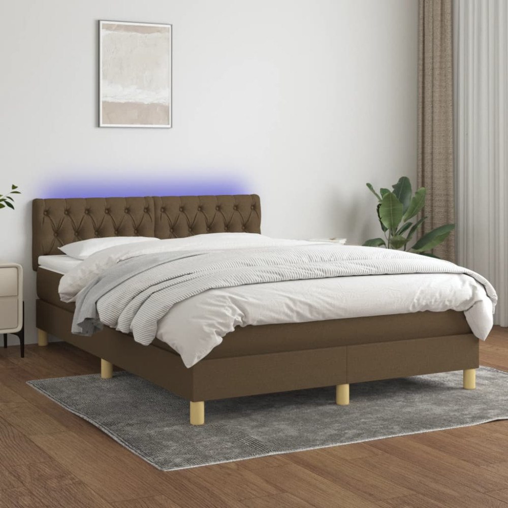 vidaXL Ramsäng med madrass & LED mörkbrun 140x190 cm tyg